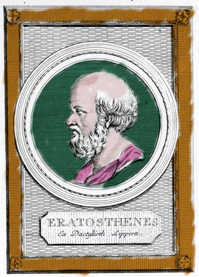 Porträt von Eratosthenes von Kyrene (ca. 284 v. Chr. - 194 v. Chr.), griechischer Wissenschaftler, Geograph und Dichter. Er war Direktor der Bibliothek von Alexandria und berechnete die Länge des Erdmeridians. Porträt aus: „Galleria degli antichi greci e r von Unknown artist