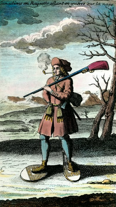 Porträt eines Kanadiers in Schneeschuhen im Schnee auf dem Weg zum Krieg (18. Jahrhundert) von Unknown artist