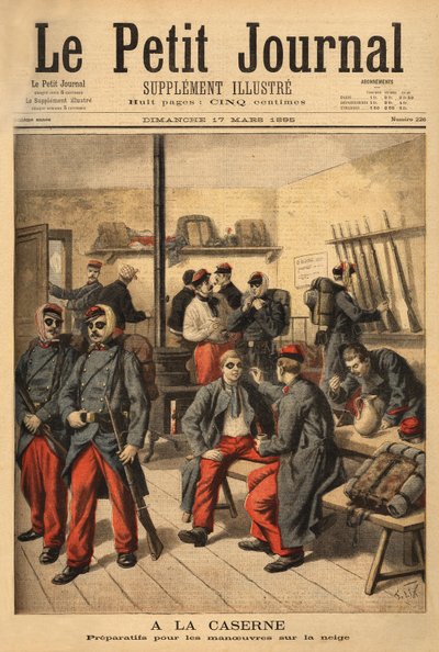 Vorbereitung auf Manöver im Schnee, anstatt Brillen mit Rauchgläsern zu tragen, sind die Soldaten von schwarzem Ruß umgeben. Gravur in „Le petit journal“ 17/03/1895. Sammlung Selva. von Unknown artist