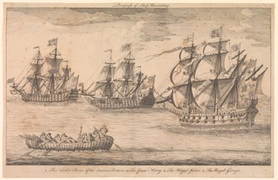 Fortschritt des Schiffbaus. 1. Das Weidenboot der alten Briten 2. Die Great Harry 3. Die Royal James 4. Die Royal George von Unknown artist