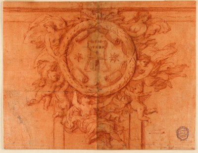 Entwurf für eine Wanddekoration (weibliche Figuren und Putti stützen ein rundes Medaillon mit Wappen) von Unknown artist