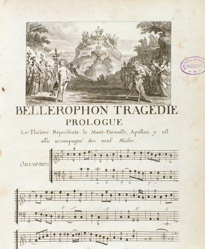 Prolog von „Bellerophon“, lyrische Tragödie in fünf Akten mit einem Prolog von Jean Baptiste Lully (Giovanni Battista Lulli) (1632-1687). 1714 von Unknown artist