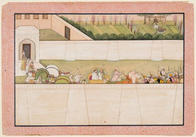 Ramas Brüder Bharata und Shatrughna verlassen Ayodhya, um Rama und Lakshmana im Wald zu finden und ihnen vom Tod ihres Vaters Dasharatha zu berichten von Unknown artist