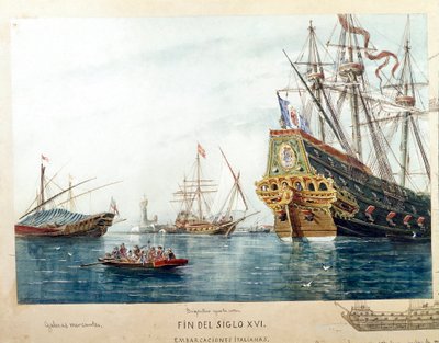 Darstellung italienischer Schiffe, Galeeren, Brigantinen des 16. Jahrhunderts (Aquarell) von Unknown artist
