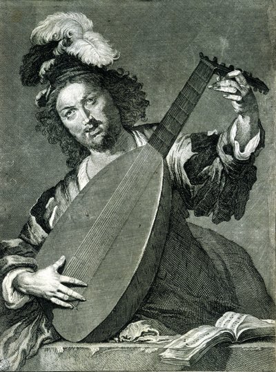 Darstellung eines Lautenspielers, der sein Instrument stimmt. von Unknown artist