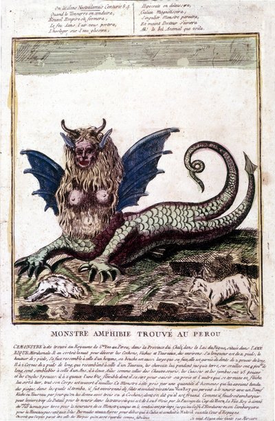 Darstellung eines Monsters, das in einem See in Peru gefunden wurde: es hat ein menschliches Gesicht, Hörner, Drachenflügel, eine Löwenmähne, einen Reptilienkörper, eine Frauenbrust. Beliebter Druck aus dem 18. Jahrhundert von Unknown artist