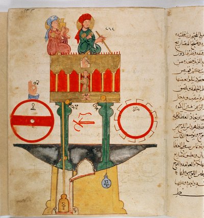 Darstellung eines Instruments, entworfen vom türkischen Ingenieur Ibn al-Rajjaj al-Jazari (1136-1206) zur Messung der Blutmenge. Erfindung entworfen von türkischem Ingenieur Ibn al-Rajjaj al-Jazari um 1203. von Unknown artist