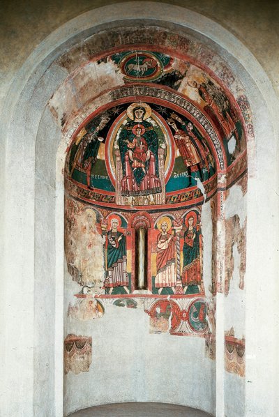 Darstellung der Jungfrau und des Kindes, umgeben von den Heiligen Drei Königen. Fresko aus der zentralen Apsis der Kirche Santa Maria in Taüll. Um 1123. Barcelona. Nationalmuseum für Kunst von Katalonien von Unknown artist