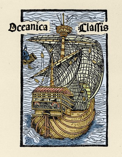 Darstellung der Karavelle Santa Maria von Christoph Kolumbus (1451-1506). Gravur aus „De insulis in mare Indico super inventis“, Basel 1493-1494 (lateinische Übersetzung von Kolumbus