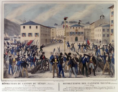 Revolution des Kantons Tessin in der Schweiz am 5. Dezember 1859. Gravur des 19. Jahrhunderts. von Unknown artist