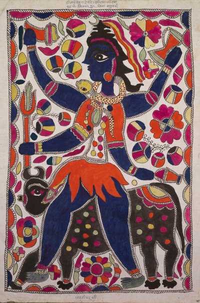Reiter und vierbeiniges Rind mit Rand aus bunten Quadraten, lila, orange und magenta Palette mit Inschrift oben und unten von Unknown artist