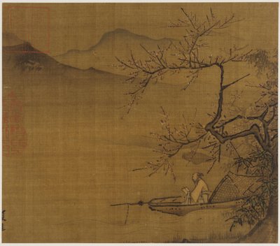 Flusslandschaft: ein Mann liest in einem unter einem blühenden Baum vertäuten Boot von Unknown artist