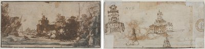 Felsige Bucht mit Booten und Gebäuden (recto); Skizzen von Burgen (verso) von Unknown artist