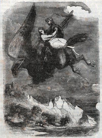 Roger und Angelique auf dem Hippogreif - Gravur von 1851 aus „Roland furieux“ (Orlando furioso) (16. Jahrhundert) von Ludovico Ariosto, bekannt als Ariosto - Ausgabe übersetzt aus dem Italienischen von Graf von Tressan und veröffentlicht von Gustave Harvar von Unknown artist