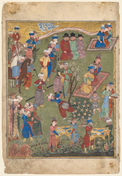 Königlicher Empfang in einer Landschaft, linkes Folio aus dem Doppel-Frontispiz eines Shahnama (Buch der Könige) von Firdausi (Persisch, ca. 940–1019 oder 1025) von Unknown artist