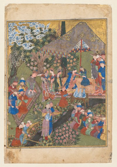 Königlicher Empfang in einer Landschaft, rechtes Folioblatt aus dem doppelten Frontispiz eines Shahnama (Buch der Könige) von Firdausi (Persisch, ca. 940–1019 oder 1025) (verso) von Unknown artist