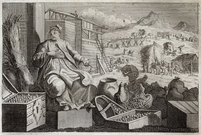 Royaumont-Bibel, Neues Testament: Das Gleichnis vom reichen Mann. Jesus Christus spricht gegen die Eitelkeit eines reichen Mannes, der sich über seinen großen Besitz freute und in der nächsten Nacht starb. Illustration von 1811. von Unknown artist