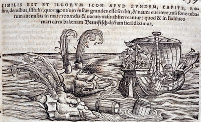 Matrosen werfen Fässer ins Meer, um Monster abzulenken. Gravur in „Historia Animalium“ von Conrad Gesner (1516-1565), Tiguri von Unknown artist