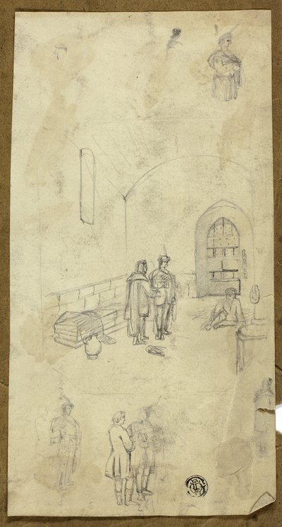 Szene in einer Gefängniszelle mit Skizzen anderer Figuren von Unknown artist