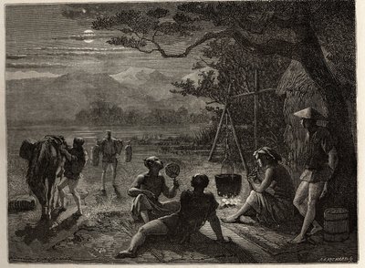 Ruhepause auf dem Land, im Mondlicht, Matten werden nach dem Arbeitstag auf dem Boden aufgestellt. Gravur zur Illustration der Reise nach Japan in den Jahren 1863-1864 von Aimé Humbert, Minister der Schweizerischen Eidgenossenschaft, in „Le tour du monde,  von Unknown artist