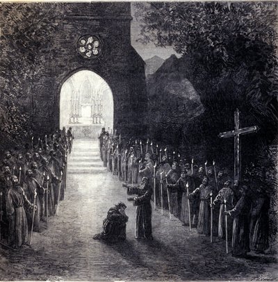 Szenografie für die letzte Szene des zweiten Akts der Oper „La forza del destino“ von Giuseppe Verdi für die Aufführung an der Pariser Oper von Unknown artist