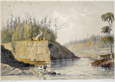 Siedler in Kanada beim Angeln in einem Fluss - in „Sketches on the nipisaguit a river of New Brunswick in America“ von William Hickman, ed. Halifax von Unknown artist