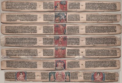 Sieben Blätter aus einem Manuskript des Gandavyuha-Sutra (Schrift der höchsten Anordnung) von Unknown artist