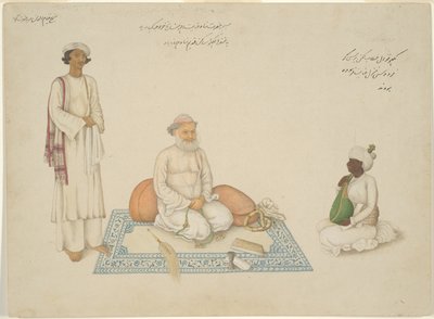 Shah Inayat Allah von Sind mit seinem Musiker Makkhu und seinem Begleiter Shaykh Qiyam al-Din, Seite aus dem Fraser Album von Unknown artist