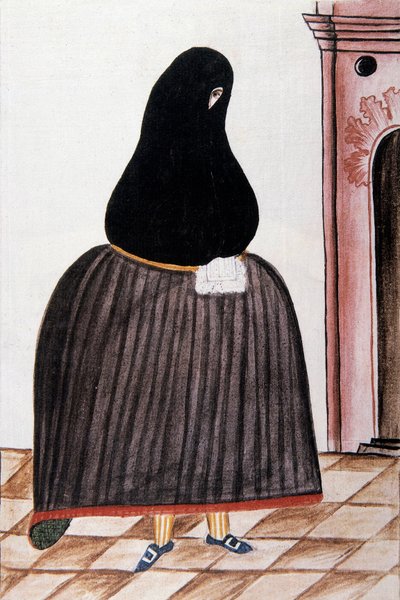 Spanische Frau mit einem Schleier, der ihr Gesicht bedeckt, aus "Trujillo del Peru" oder "Códice Martínez Compañón", von Baltazar Martinez Compañón y Bujanda, Bischof von Trujillo (1782-1785) von Unknown artist
