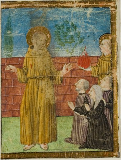 Der heilige Franziskus von Assisi mit Stiftern in einer historisierten Initiale aus einem unbekannten Manuskript von Unknown artist
