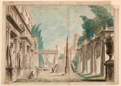 Bühnenbild, Gebäude neben Parkkulisse von Unknown artist