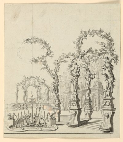 Bühnenbild: Gartenarchitektur mit Brunnen und Skulpturen von Unknown artist