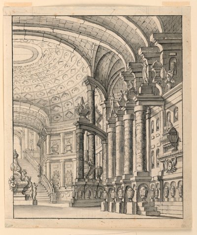Bühnenbild: Halle mit Kassettendecke und Urnen von Unknown artist