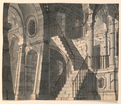 Bühnenbild, steinerner Innenraum mit Treppe von Unknown artist