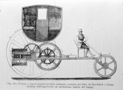 Dampfwagen montiert auf dem Gewöhnlichen, gebaut 1801 von Trevithick und Vivian. Gravur des 19. Jahrhunderts von Unknown artist