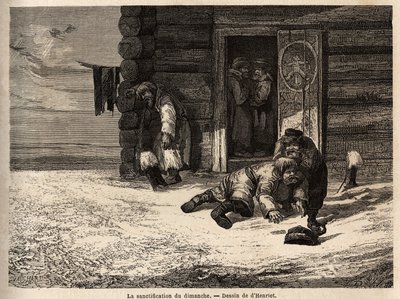 Sonntagsheiligung mit Kümmellikör, Arbeiter aus Dorpat. Zeichnung von Henriet, zur Illustration seiner Reise in die russischen Ostseeprovinzen in den Jahren 1851-54. Gravur in „Le tour du monde“, herausgegeben von Edouard Charton von Unknown artist