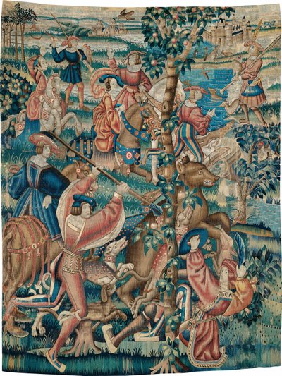 Wandteppich (Bärenjagd und Falknerei aus einer Jagdserie) von Unknown artist