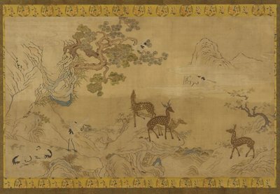 Wandteppich: Landschaft mit Hirschen, Störchen, Kiefern und Pfirsichbaum von Unknown artist