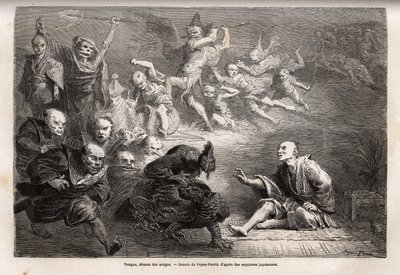 Tengu oder Dämon der Träume, kleiner Gott der japanischen Folklore, zoomorph, er nimmt die Form eines Raben an, ausgestattet mit magischen Kräften, es ist ein beliebtes Thema der Kunst, des Theaters und der Literatur in Japan. Gravur zur Illustration der R von Unknown artist