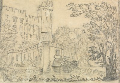 Die Rückseite eines großen Schlosses mit Wasserrad im Vordergrund von Unknown artist