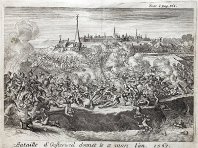 Die Schlacht von Oosterweel (Niederlande), die am 13. März 1567 stattfand, die erste Konfrontation des Achtzigjährigen Krieges (1567-1648). Gravur zur Illustration der 