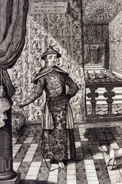 Der chinesische Kaiser und oberste Herrscher der Tartaren - Chinesischer Kaiser Kangxi (1652-1722) Qing-Dynastie, Gravur von Athanasius Kircher (1601-1680) aus „China Monumentis, qua sacris qua profanis“ 1667 - Chinesischer Kaiser Kangxi (1652-1722) Qing-D von Unknown artist