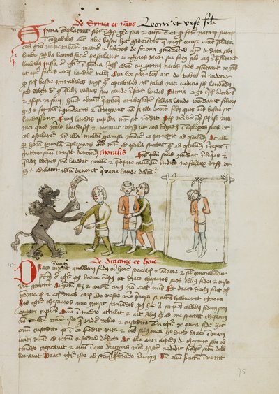 Der Teufel mit einem Mann mit Augenbinde; Der Mann hängt von einem nahegelegenen Baum von Unknown artist