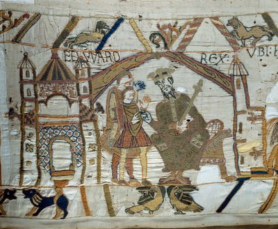 Der König von England Eduard der Bekenner beauftragt Harold, dem Herzog der Normandie Wilhelm dem Eroberer zu bestätigen, dass er sein Nachfolger auf dem Thron von England sein wird (Detail) von Unknown artist