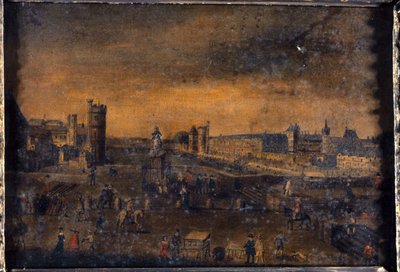 Der Pont-Neuf, gesehen vom Eingang zur Place Dauphine, dem Hôtel de Nevers, dem Tour de Nesle, der Grande Galerie, mit der Porte Neuve und dem Louvre, circa 1640, heutige 1. und 6. Arrondissements, zwischen 1635 und 1645 von Unknown artist