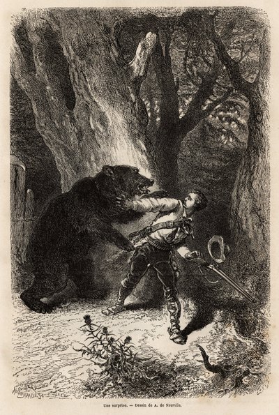 Der Autor, während eines Ausflugs um Jacksonville, wird im Wald von einem zahmen Bären und einer Kette überrascht. Gravur zur Illustration der Geschichte Vier Monate in Florida, von Achille Pousselgue, veröffentlicht in „Le tour du monde“ 1870-1871, heraus von Unknown artist