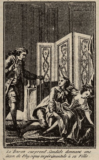 Der Baron überrascht Candide beim Erteilen einer Lektion in Experimentalphysik an seine Tochter. Frontispiz für „Candide“ von Voltaire von Unknown artist