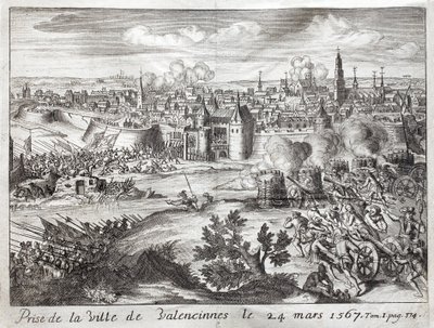Die Stadt Valenciennes (Frankreich) wurde am 24. März 1567 eingenommen. Erste Schlacht des Aufstands der Geusen (Beginn des Achtzigjährigen Krieges) (1568-1648). Gravur zur Illustration der „Geschichte des Achtzigjährigen Krieges“ von Unknown artist
