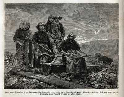 Die Kohlesortierer, Typ von Creusot; im Vordergrund, sitzend auf der Schubkarre, die älteste der Sortierer, die Mutter Dion, 36 Jahre Sortierung. Gravur zur Illustration einer Reise nach Creusot und den Minen von Saône und Loire, 1865, von L. Simonin, in „ von Unknown artist