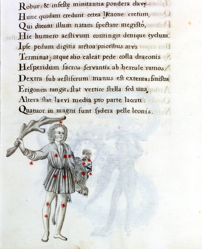 Die dargestellte Konstellation ist die des Bouvier (oder Boots), die das Haar von Berenices mit der linken Hand hält. Seite eines Manuskripts des 18. Jahrhunderts basierend auf dem Originalmanuskript „Astronomica“ von Biasino da Parma (Blaise von Parma) (1 von Unknown artist